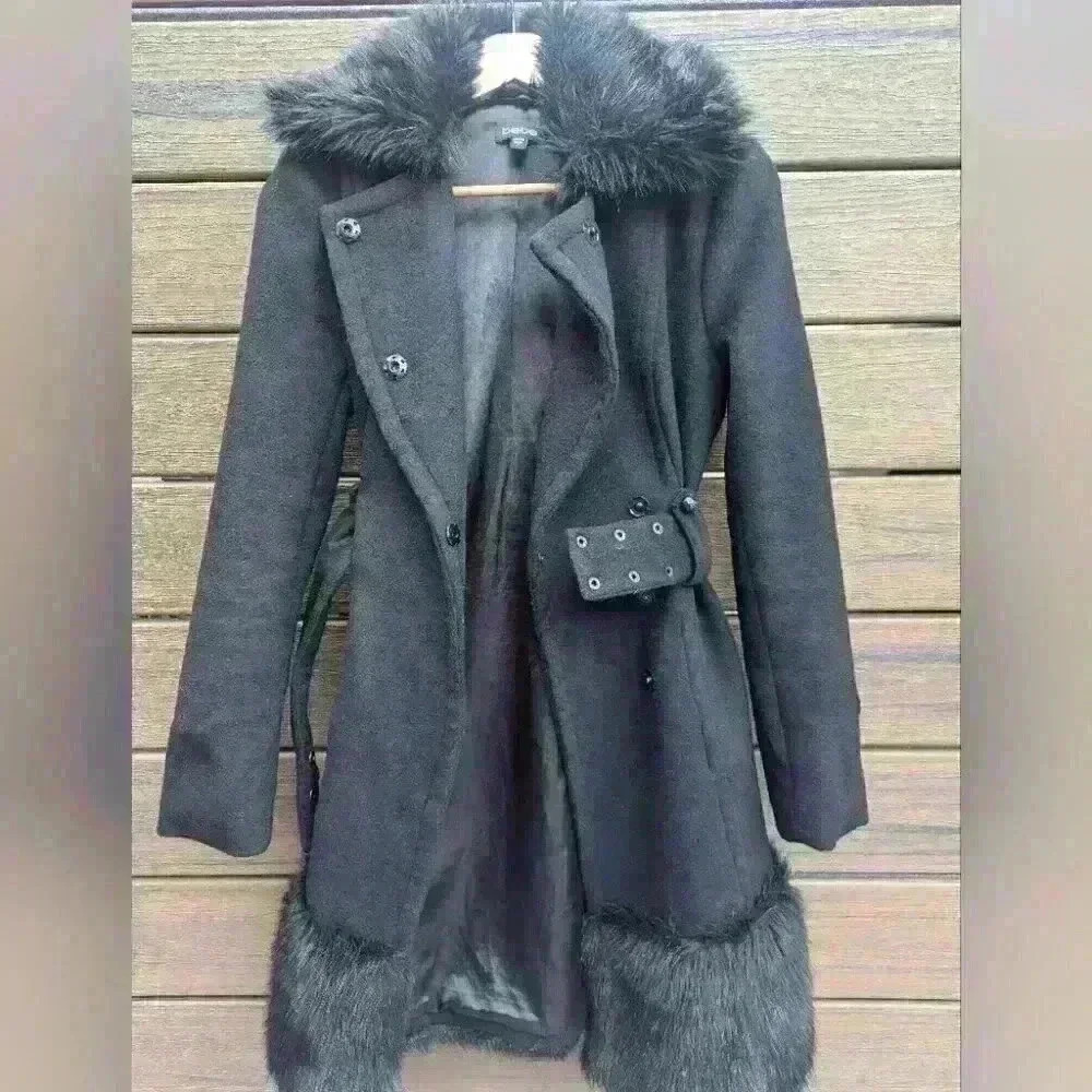Bebe Wool Black Faux Fur Trim Black Midi Coat - Size Small like new condition